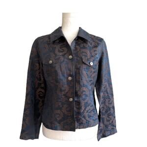 J. Jill Jacket Top Blue Brown Scroll Linen Silk Blend Lightweight Jacket Size 4